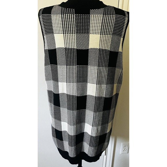 Vintage Sleeveless Knit Vest Cardigan Black White Check Open Front Pockets M - Picture 6 of 6